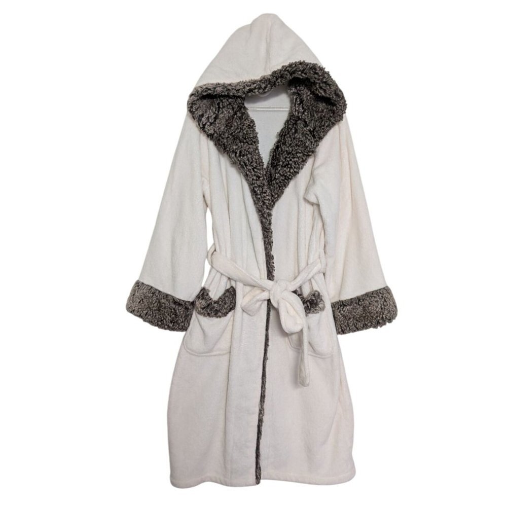 Pottery Barn Plush Faux Fur Robe Womens Size Medium White Belted Bathrobe
